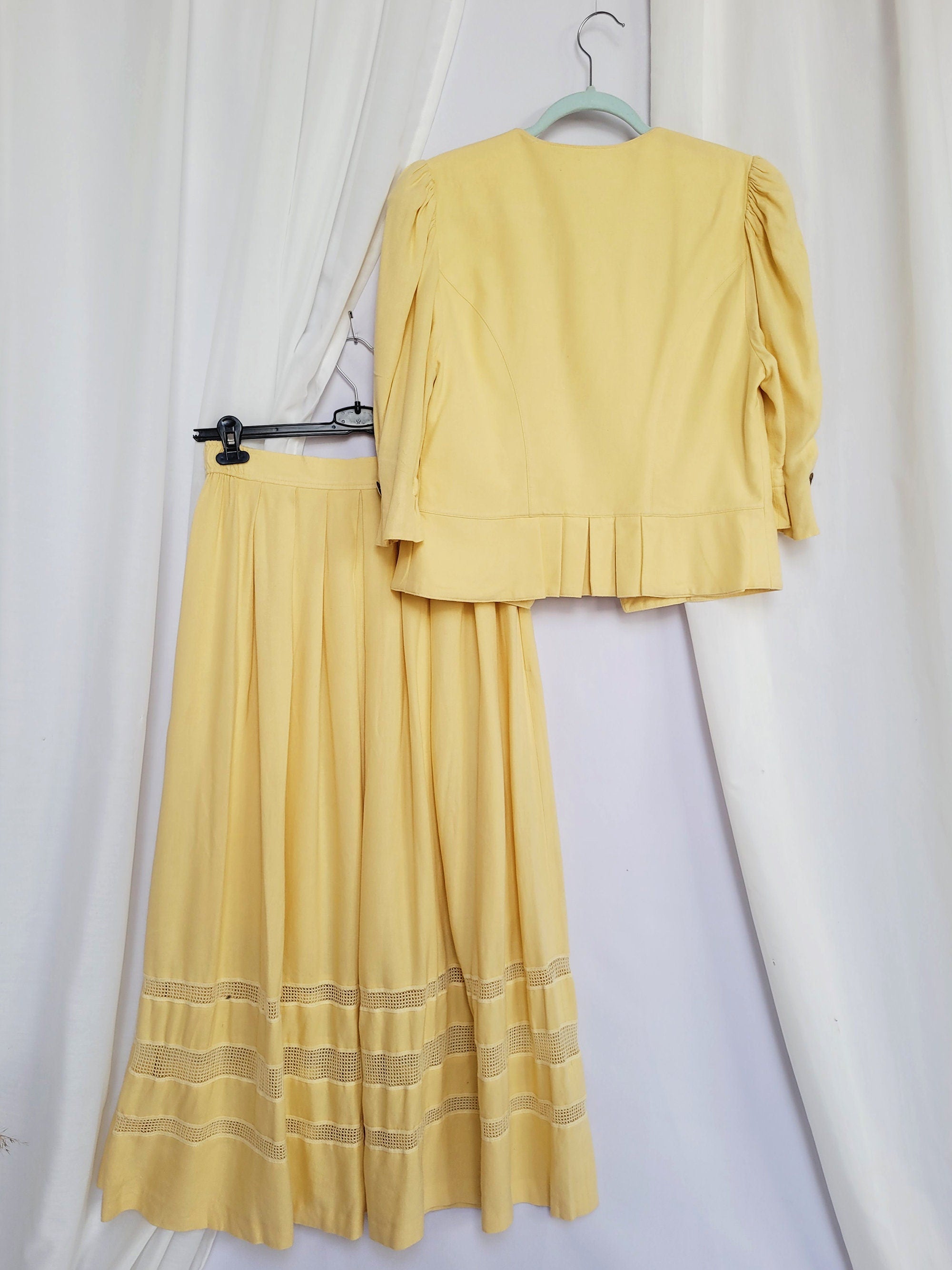 90s vintage pastel yellow Country Milkmaid skirt blouse set