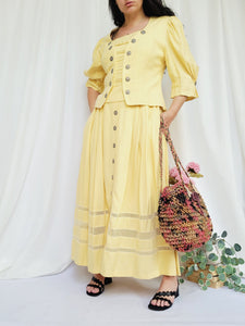 90s vintage pastel yellow Country Milkmaid skirt blouse set