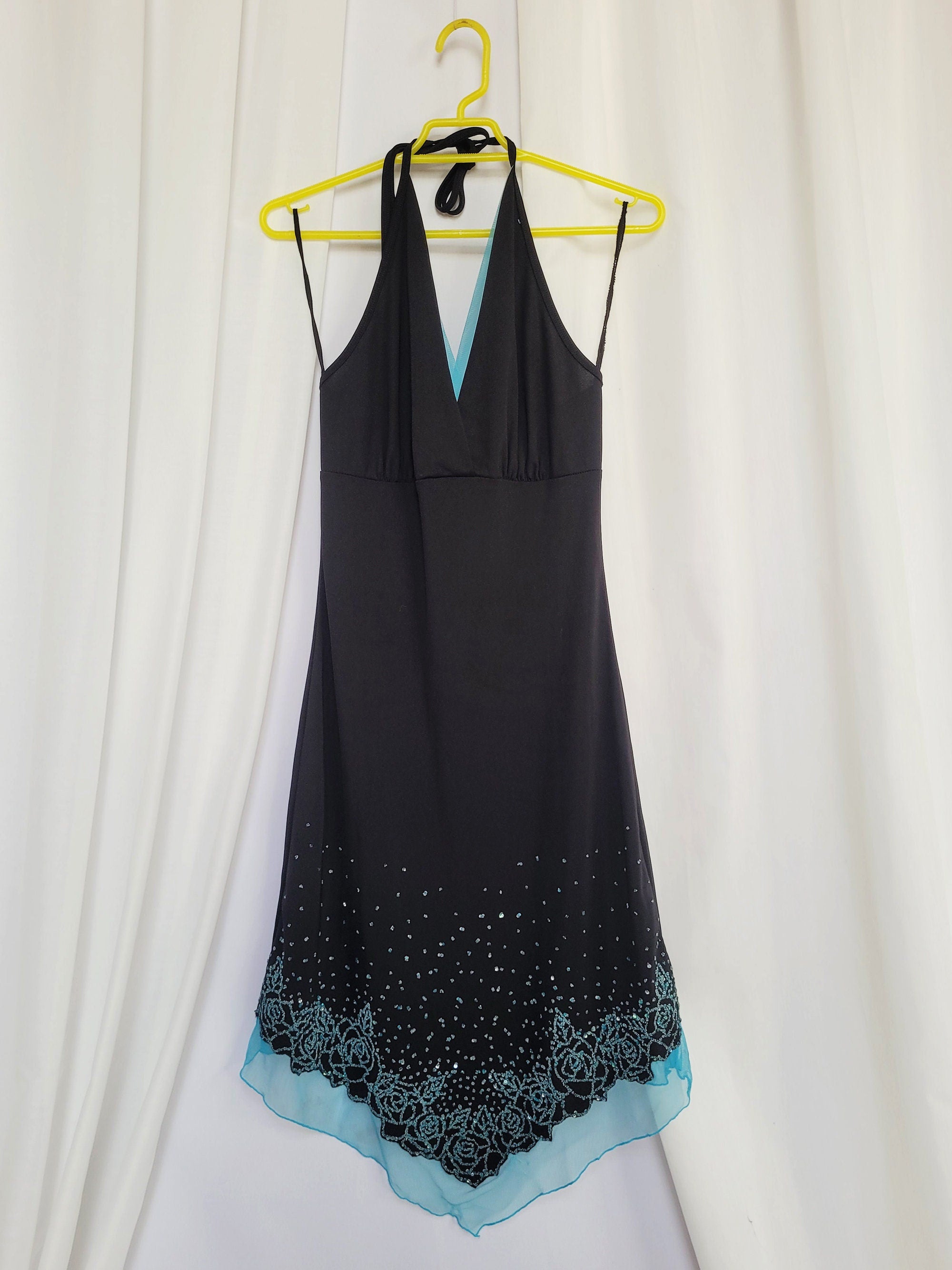 Y2K 00s retro black beaded mini asymmetric slip halter dress