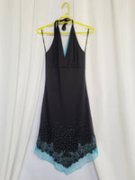 Load image into Gallery viewer, Y2K 00s retro black beaded mini asymmetric slip halter dress
