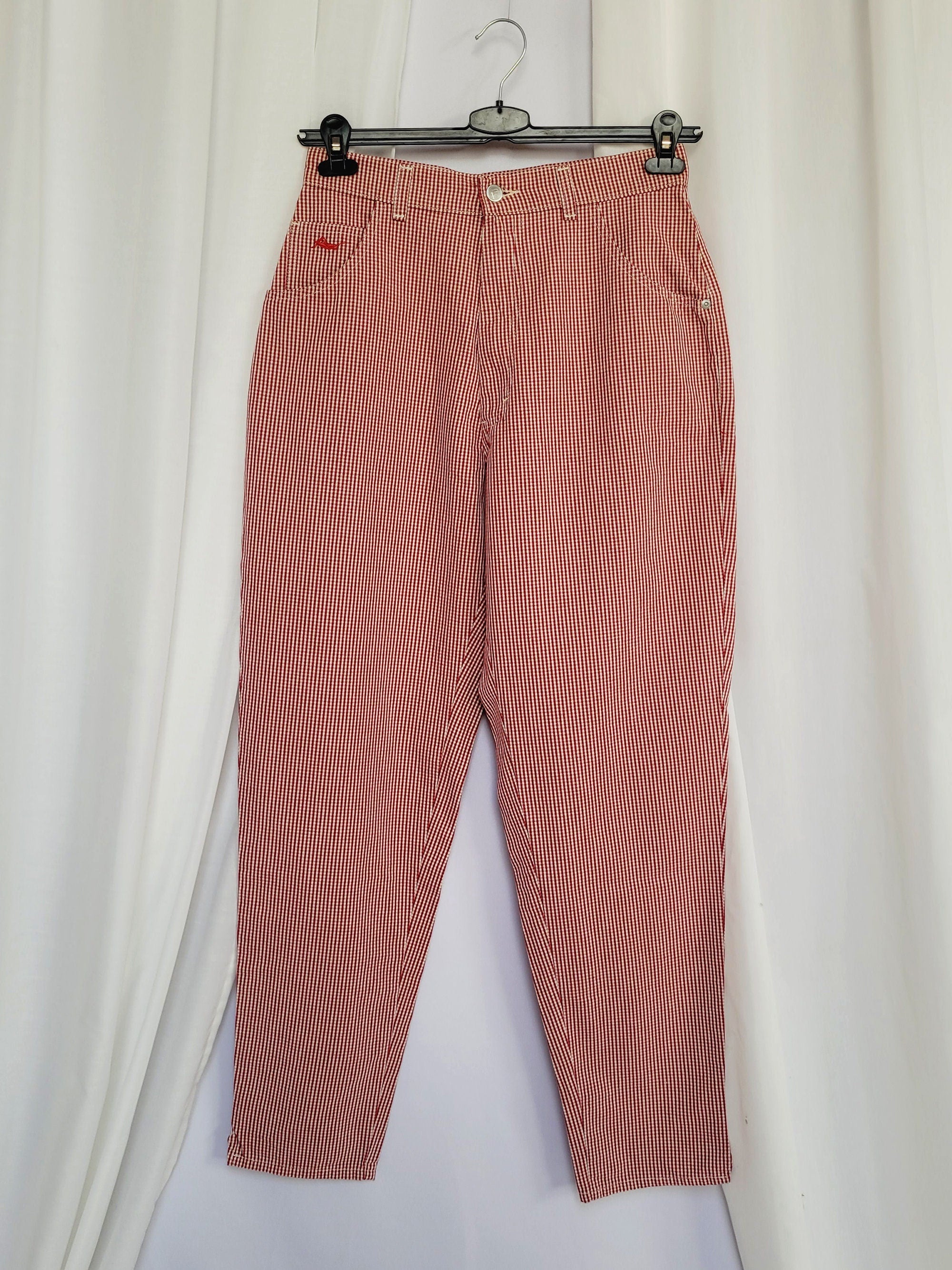 90s retro red checked straight high waist casual pants