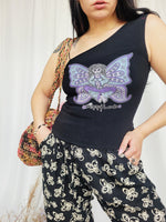 Load image into Gallery viewer, Vintage 90s black fairy print minimalist lycra tank top
