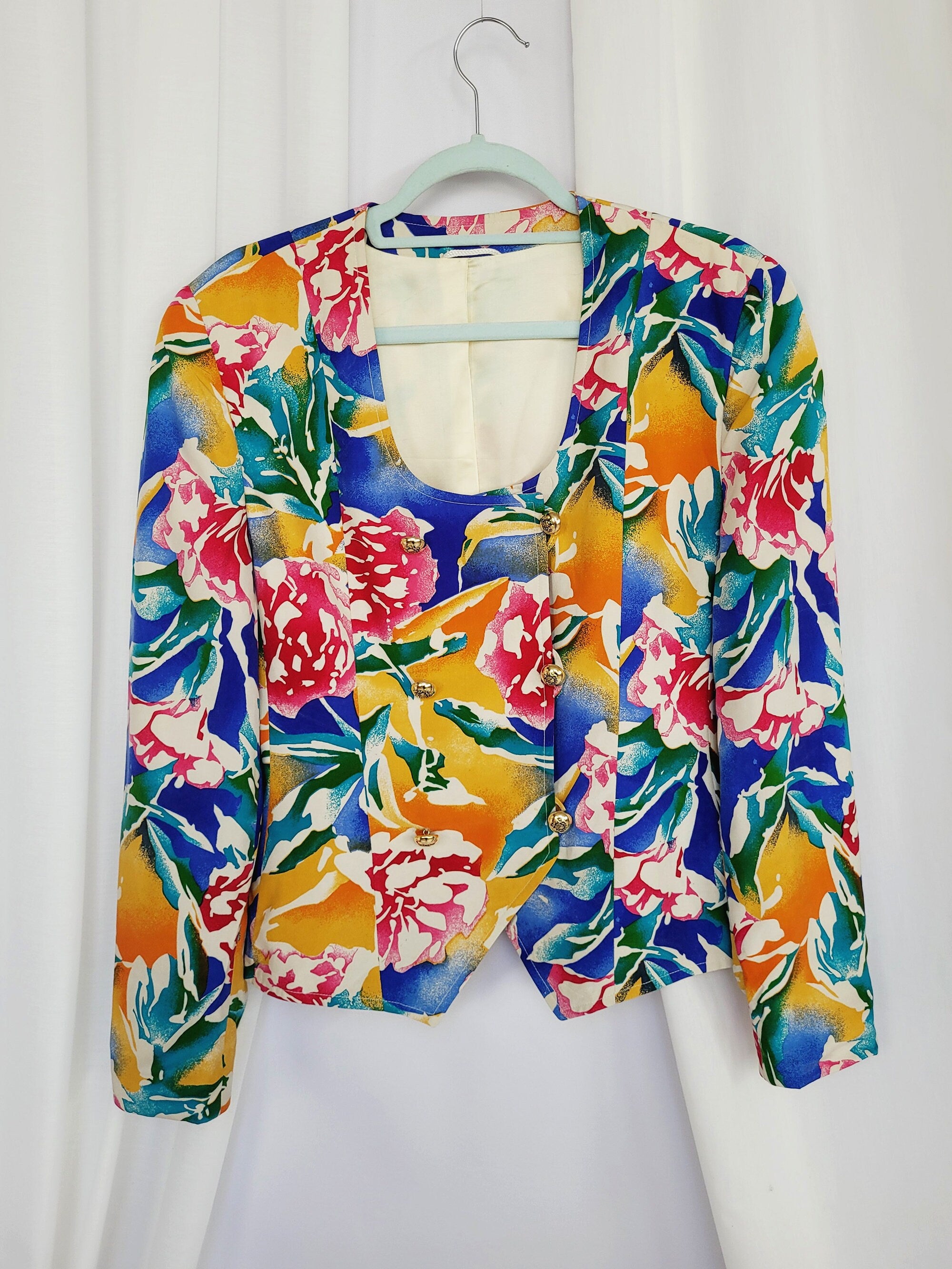 80s vintage colorful abstract print statement blazer jacket 100% silk