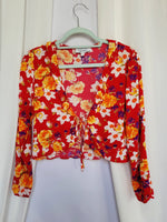 Load image into Gallery viewer, Y2K retro red colorful floral ruffle tie up front crop top
