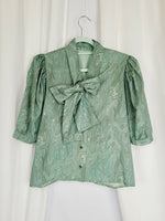 Load image into Gallery viewer, 80s vintage greenish marble puff sleeve bow collar blouse
