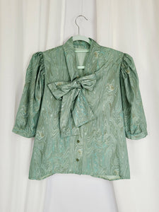 80s vintage greenish marble puff sleeve bow collar blouse