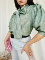 Load image into Gallery viewer, 80s vintage greenish marble puff sleeve bow collar blouse

