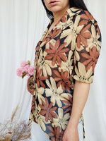 Load image into Gallery viewer, 90s retro sheer brown floral short sleeve long blouse top
