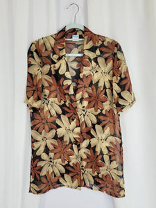 90s retro sheer brown floral short sleeve long blouse top