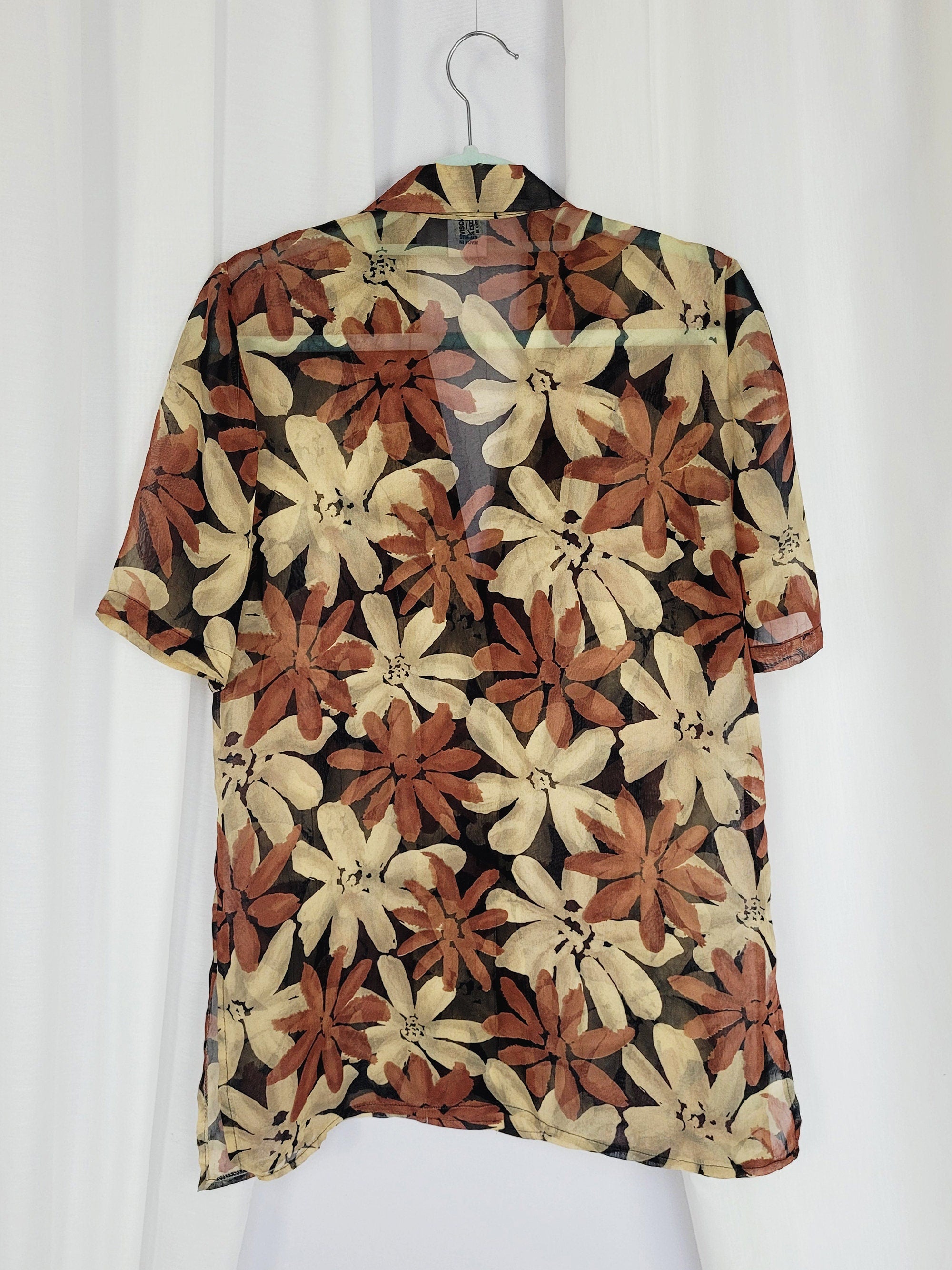 90s retro sheer brown floral short sleeve long blouse top