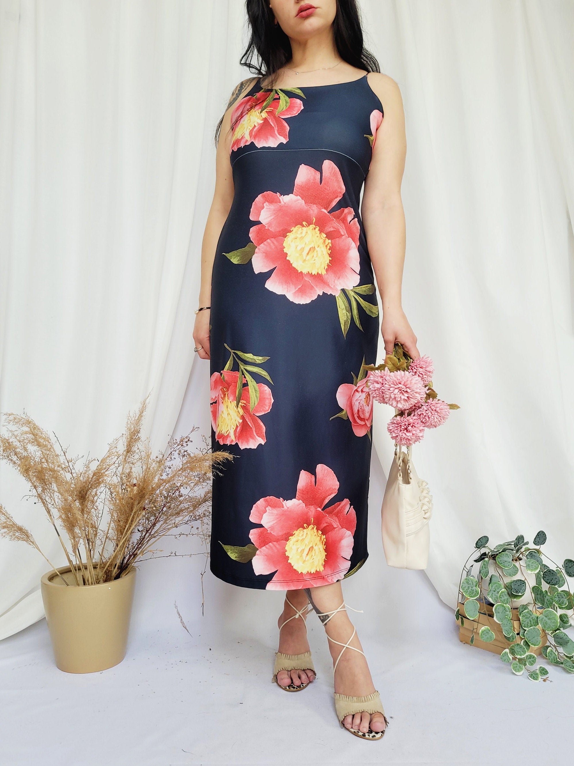 Retro 90s long black floral minimalist slip maxi dress