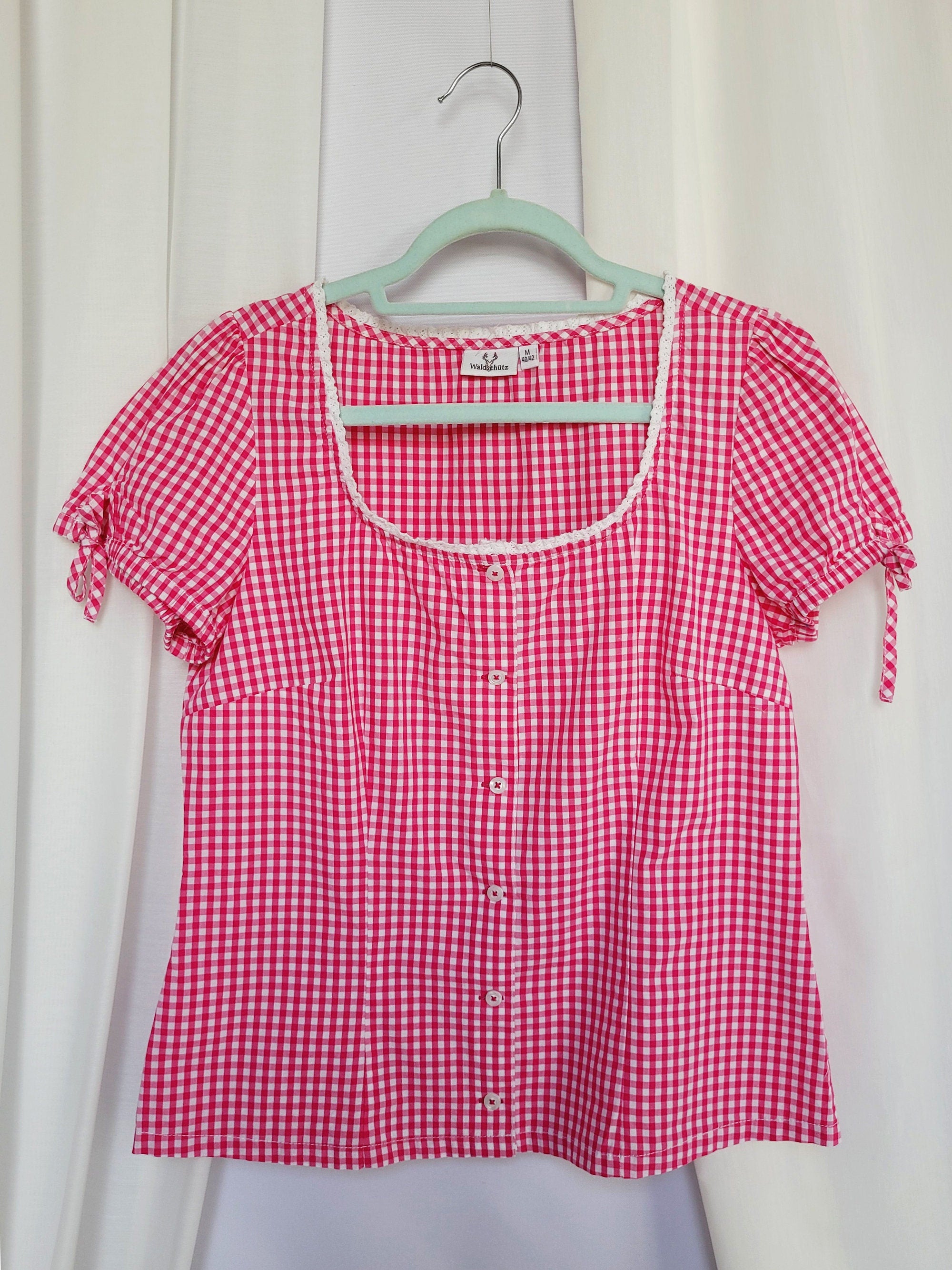 Retro Y2K 00s pink checked puff sleeves Milkmaid blouse