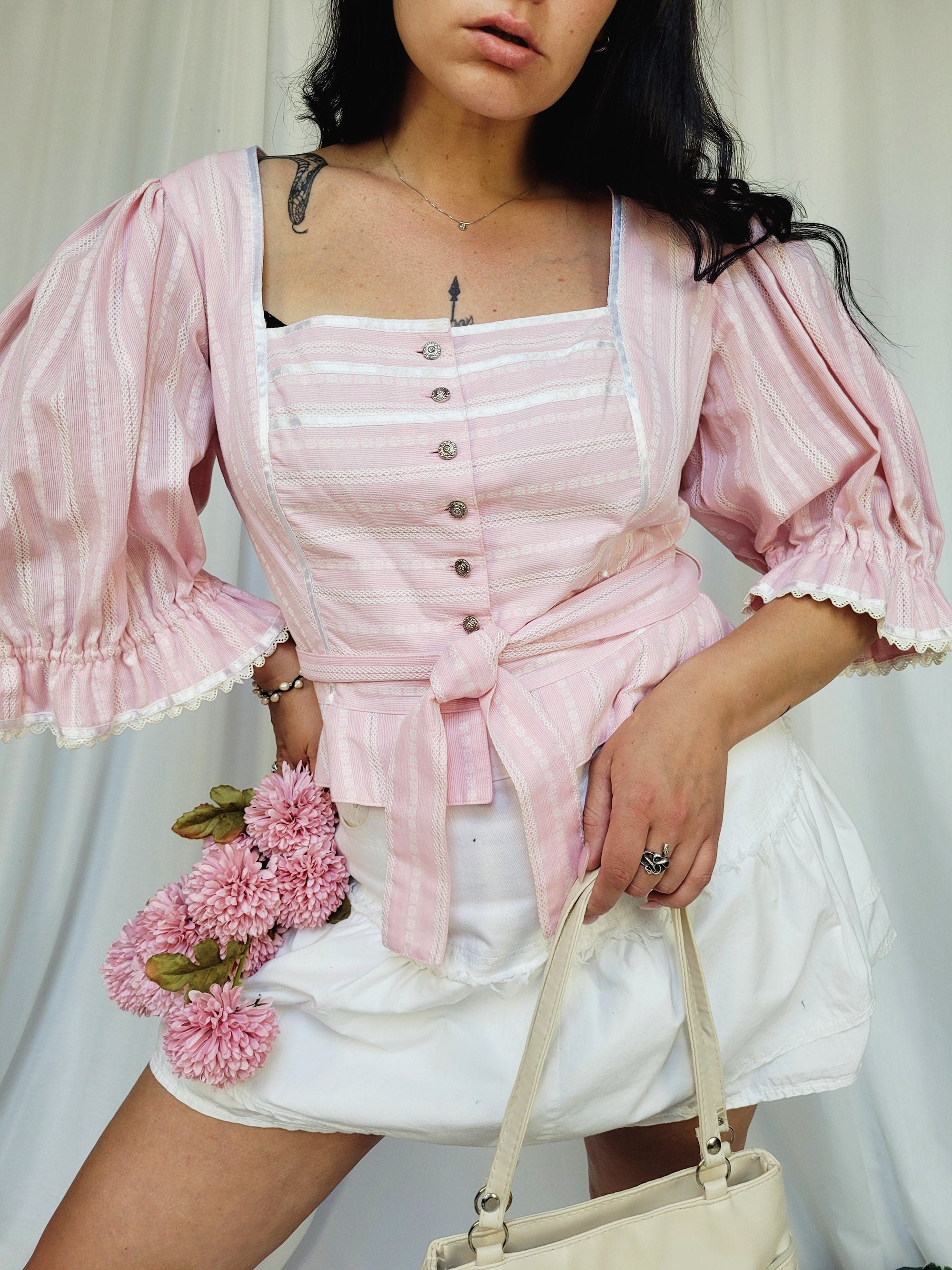 90s vintage pink stripes Milkmaid puff sleeve blouse top