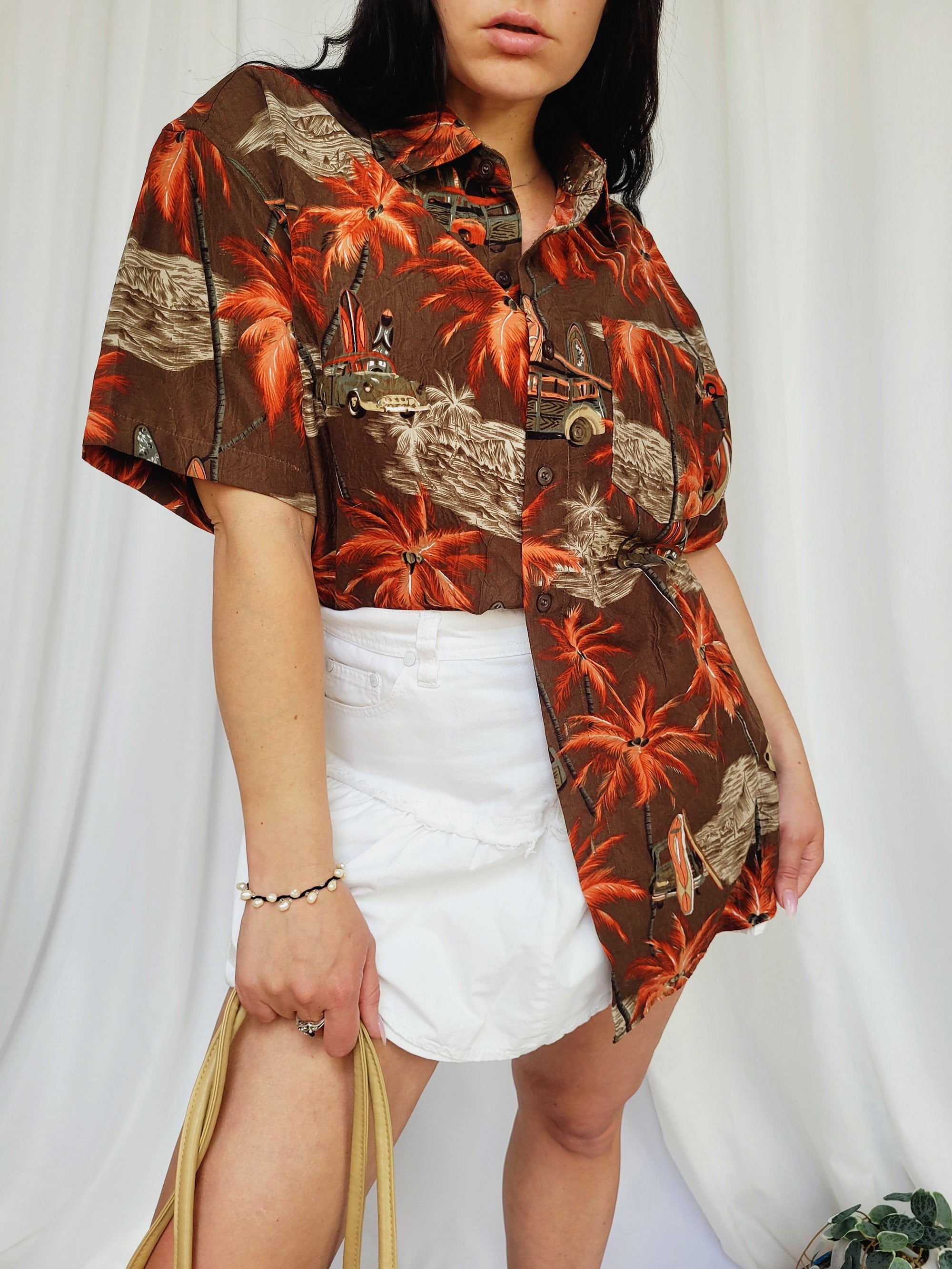 Vintage 90s brown palms print oversize menswear shirt