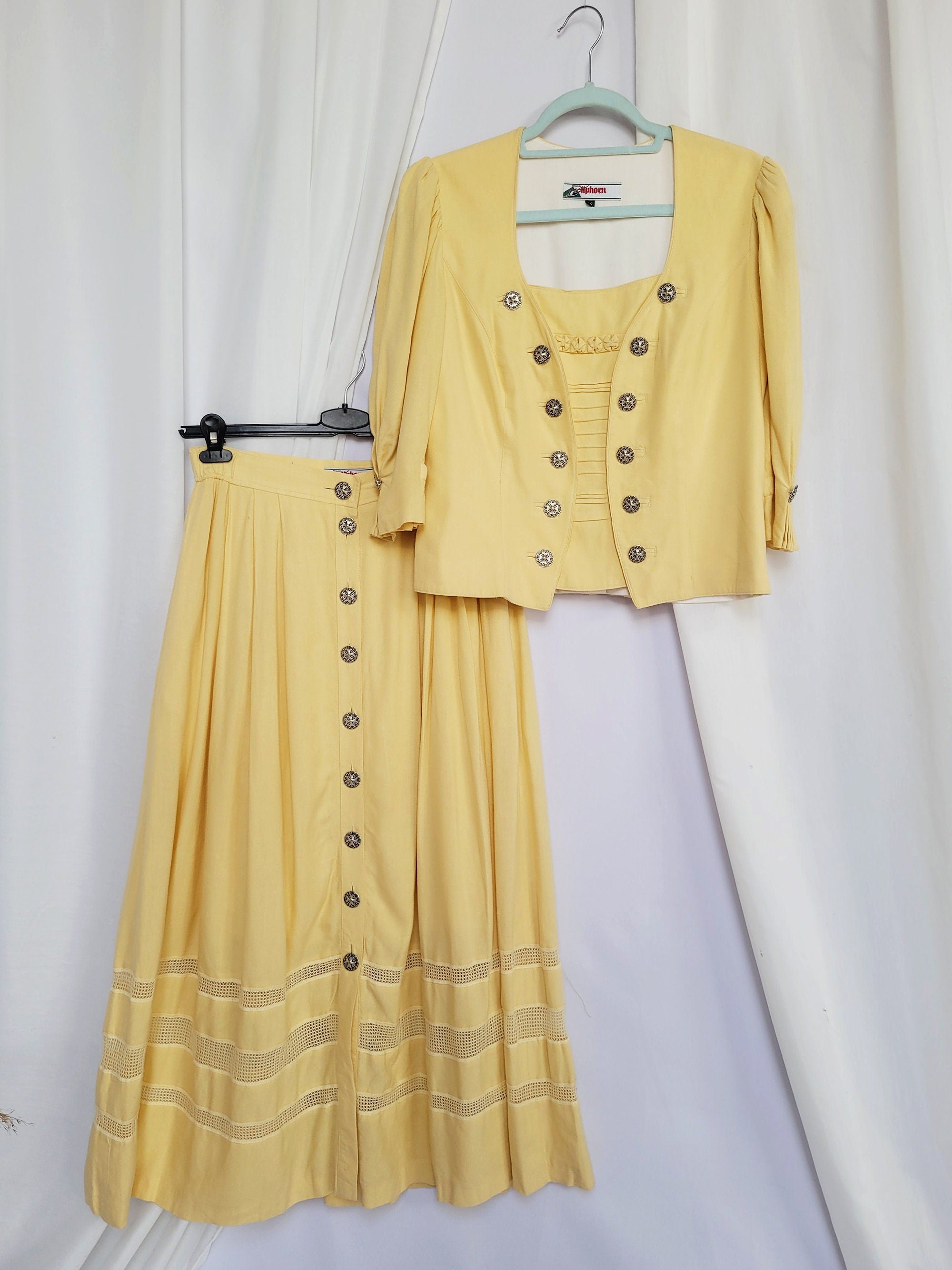 90s vintage pastel yellow Country Milkmaid skirt blouse set