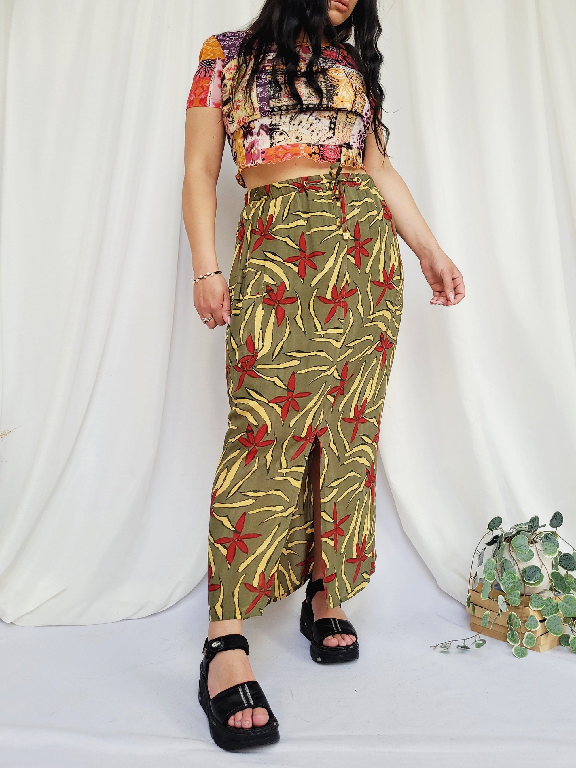 90s retro green floral print maxi summer cargo skirt