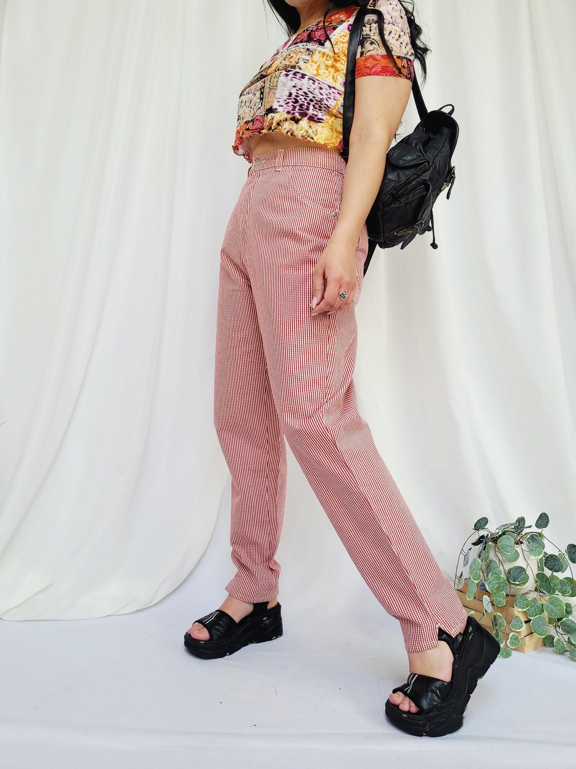 90s retro red checked straight high waist casual pants