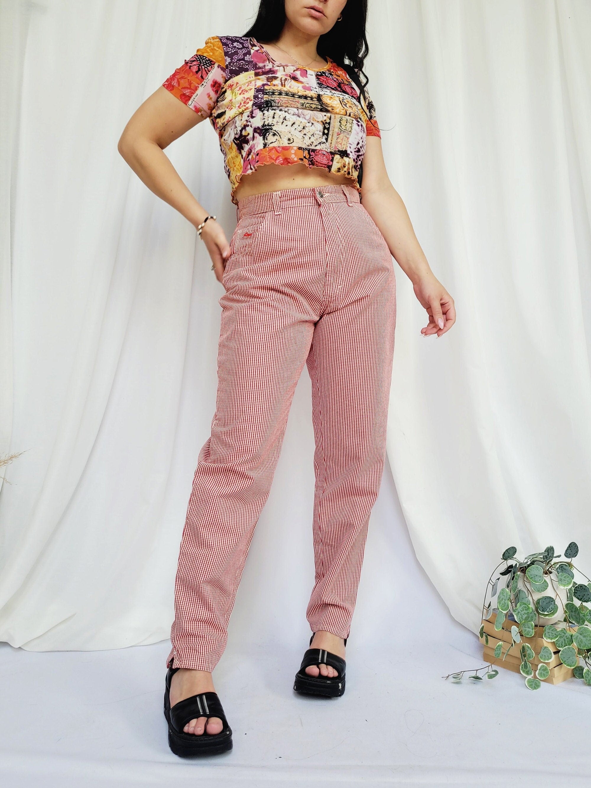 90s retro red checked straight high waist casual pants