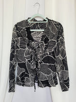 Load image into Gallery viewer, 90s retro sheer black floral ruffle tie up front blouse top
