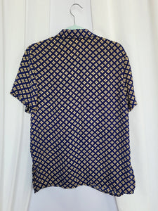 90s retro blue abstract print short sleeve minimalist blouse