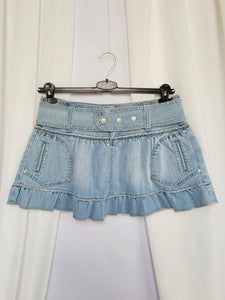Retro Y2K 00s blue denim ruffle belted mini skirt