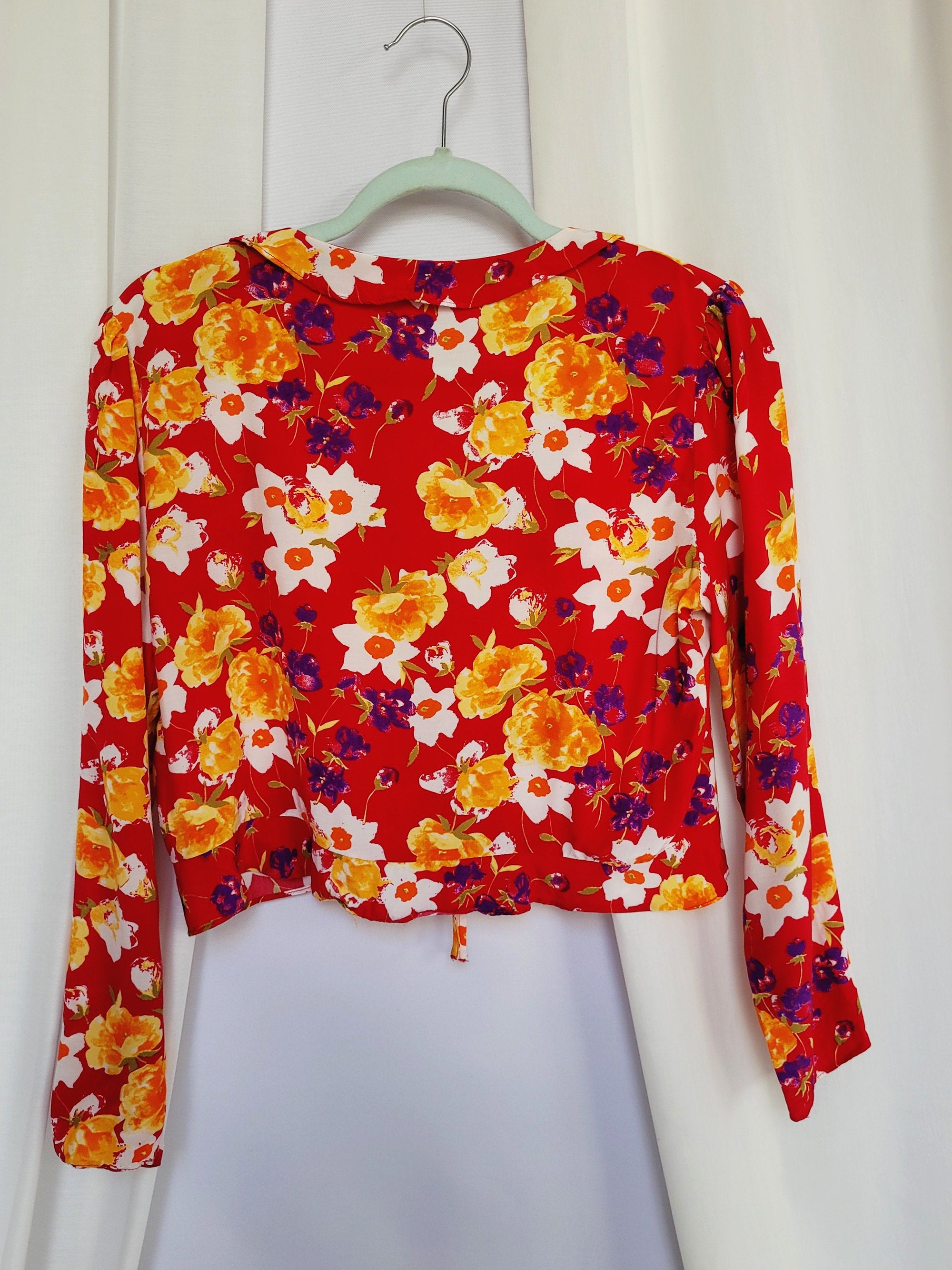 Y2K retro red colorful floral ruffle tie up front crop top