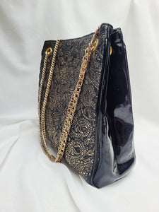 Vintage 90s black square glossy padded chain shoulder bag