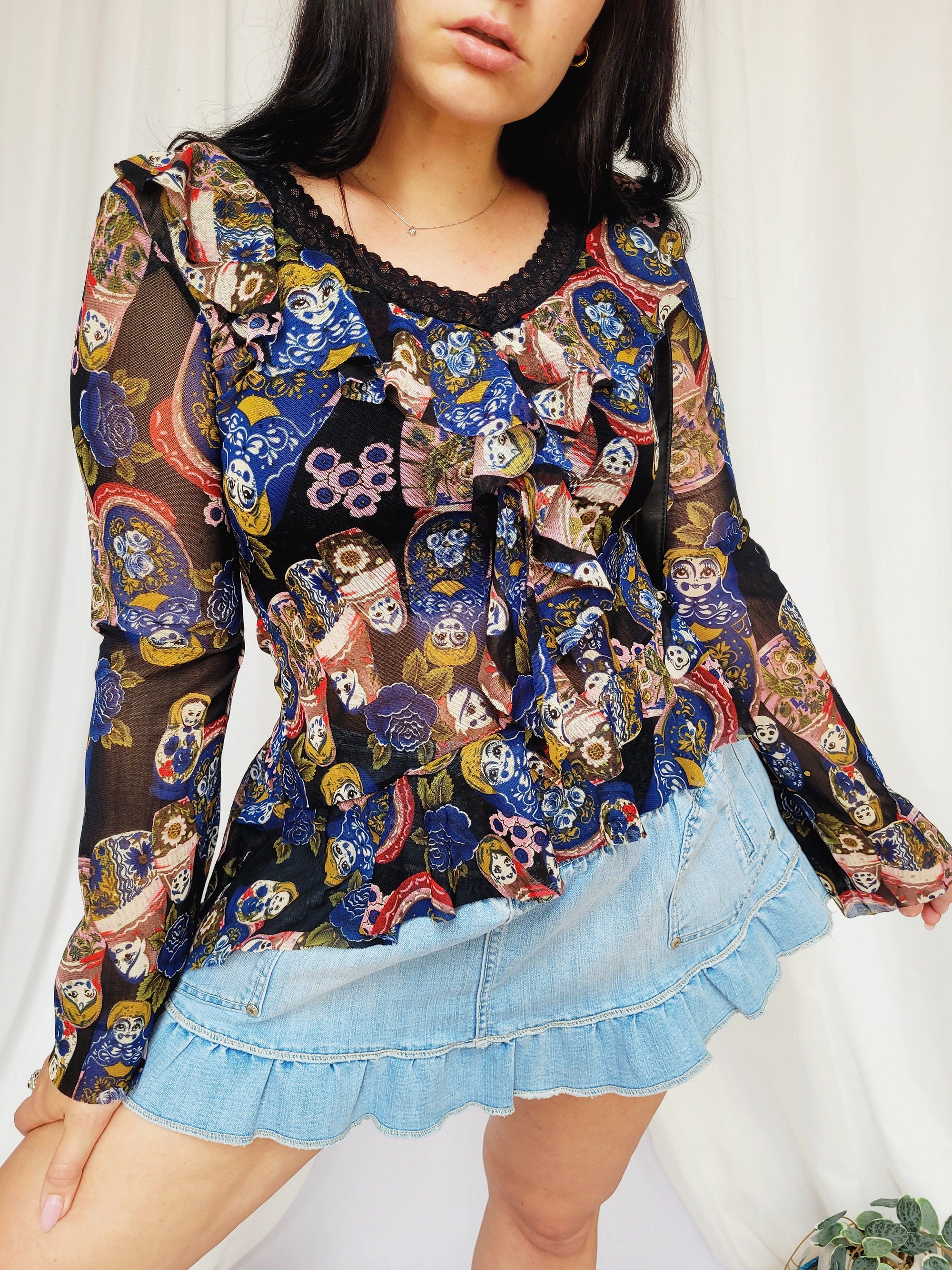 Retro Y2K 00s black colorful Matryoshka print ruffle top