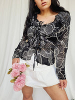 Load image into Gallery viewer, 90s retro sheer black floral ruffle tie up front blouse top
