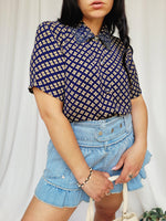 Load image into Gallery viewer, 90s retro blue abstract print short sleeve minimalist blouse
