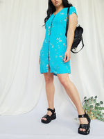 Load image into Gallery viewer, 90s retro blue floral buttons down summer chic mini dress

