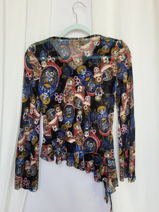 Retro Y2K 00s black colorful Matryoshka print ruffle top