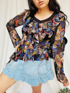 Retro Y2K 00s black colorful Matryoshka print ruffle top