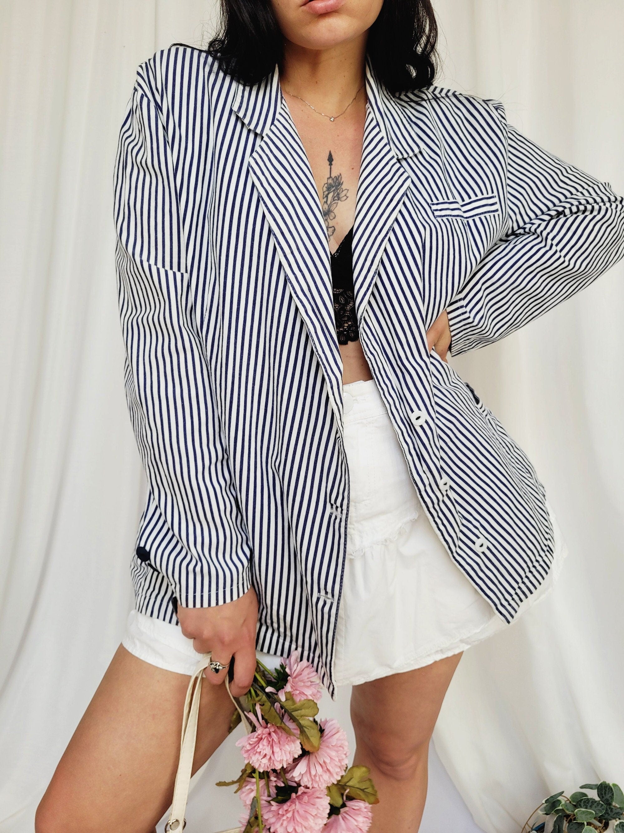 90s retro minimalist blue striped oversized blazer jacket