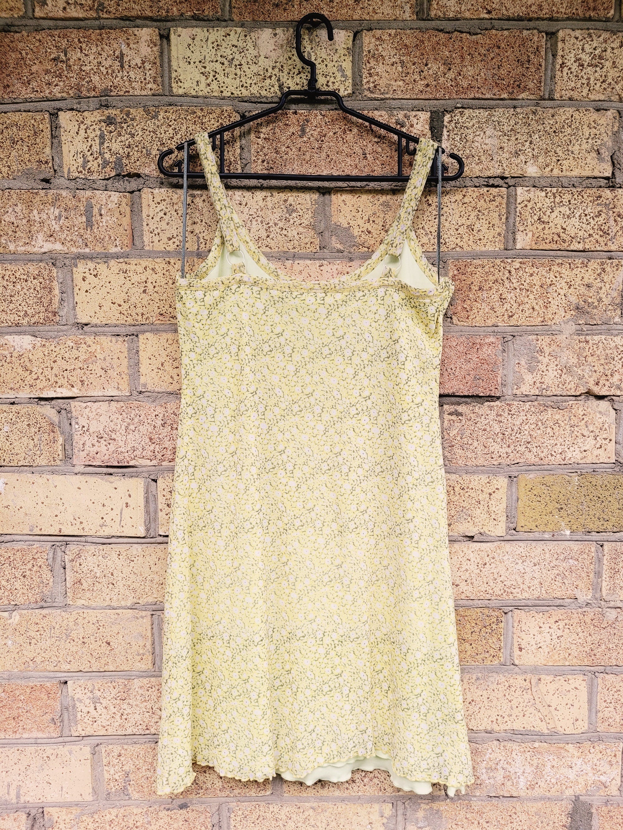 90s retro yellow floral mesh minimalist summer mini dress