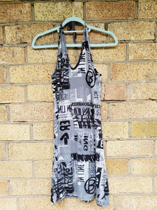 Y2K retro grey digital print minimalist slip halter dress