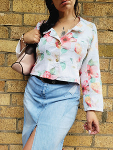 80s vintage white floral print statement blazer jacket