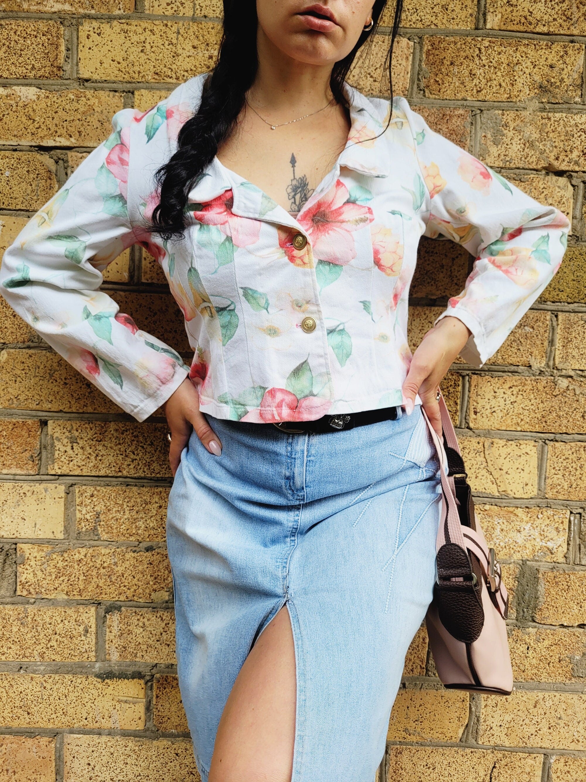 80s vintage white floral print statement blazer jacket