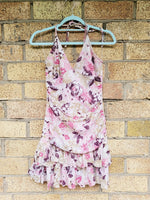 Load image into Gallery viewer, 90s retro pink floral mesh ruffle halter party mini dress
