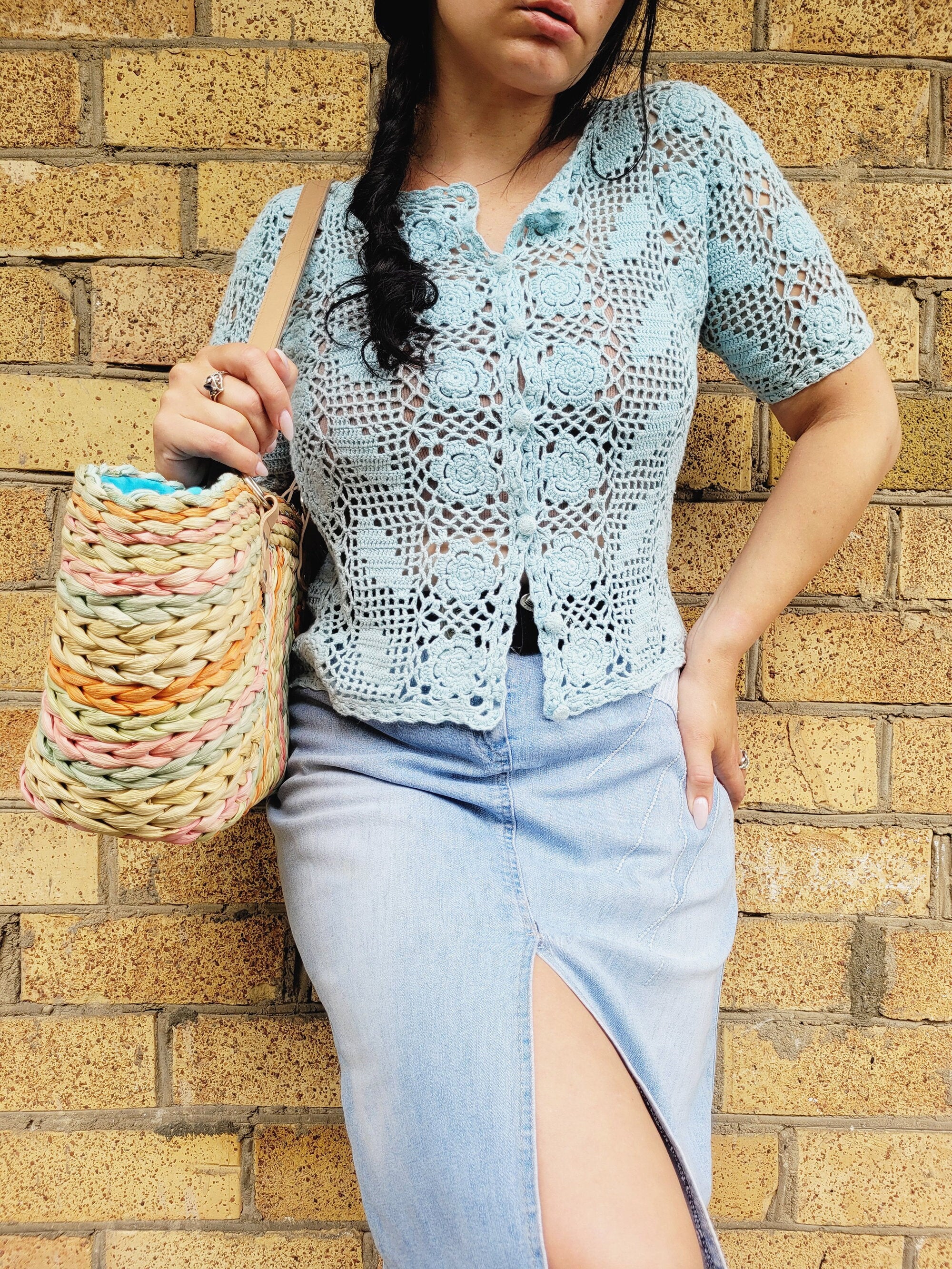 90s vintage minimalist crochet pastel blue buttons blouse