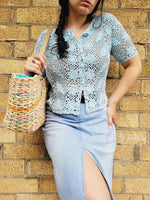 Load image into Gallery viewer, 90s vintage minimalist crochet pastel blue buttons blouse
