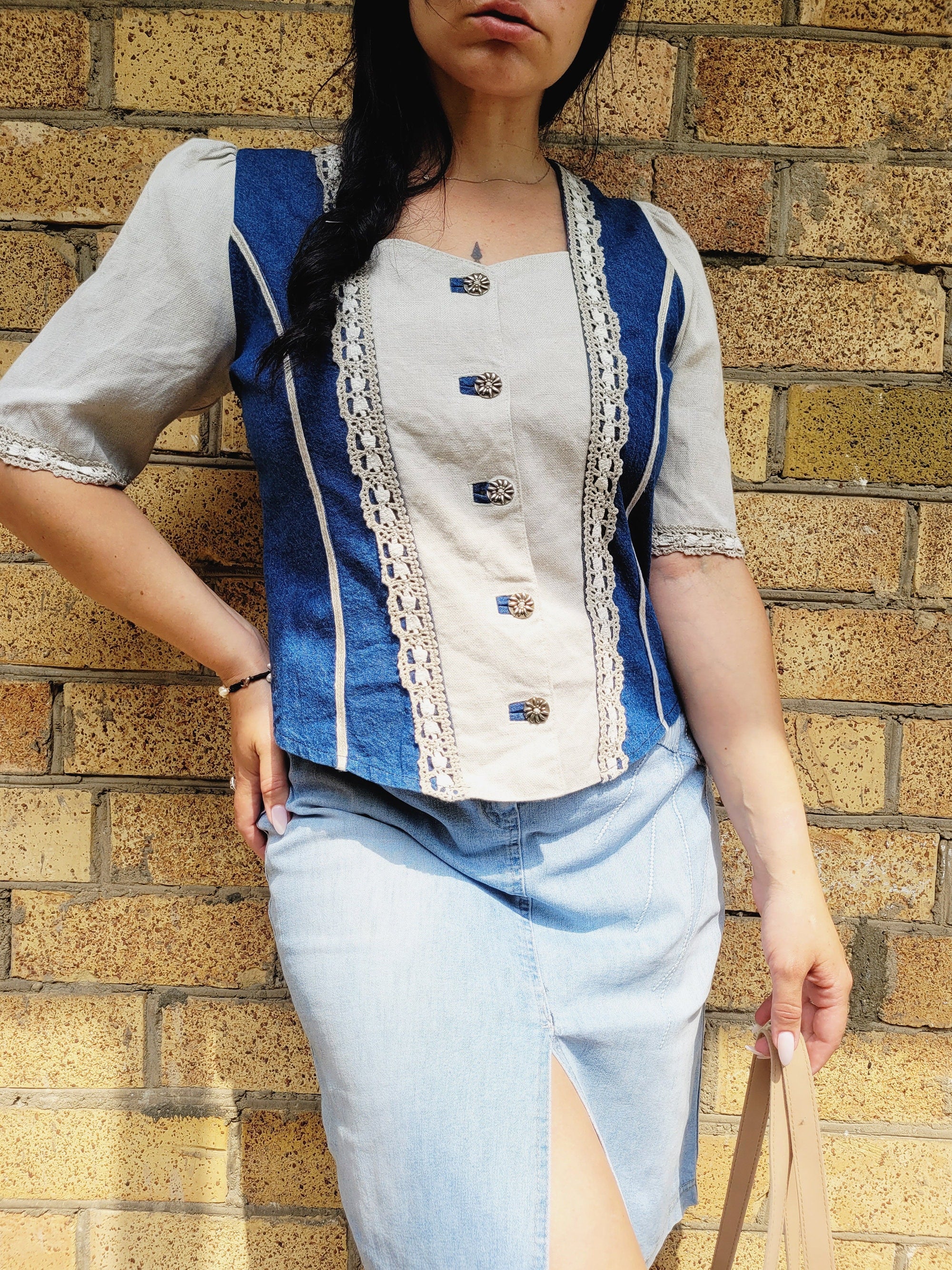 90s vintage handmade Milkmaid denim linen laces blouse top