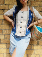 Load image into Gallery viewer, 90s vintage handmade Milkmaid denim linen laces blouse top
