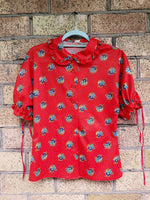 Load image into Gallery viewer, 80s vintage floral print red puff sleeve ruffle blouse top
