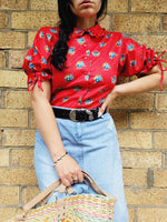 Load image into Gallery viewer, 80s vintage floral print red puff sleeve ruffle blouse top
