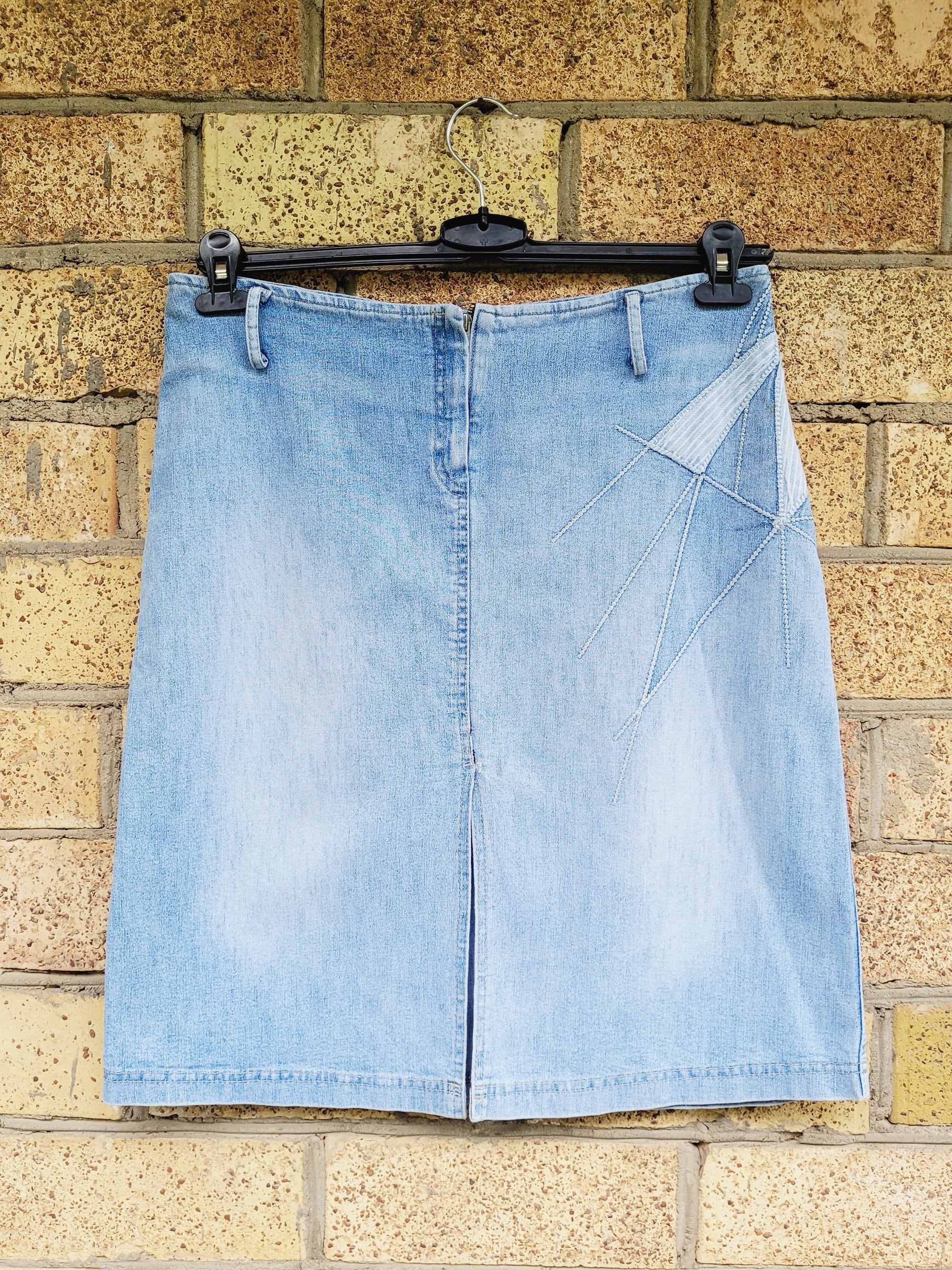 Retro 90s light blue denim jeans Western midi pencil skirt