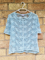 Load image into Gallery viewer, 90s vintage minimalist crochet pastel blue buttons blouse

