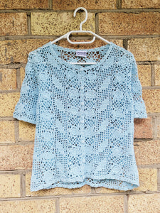90s vintage minimalist crochet pastel blue buttons blouse