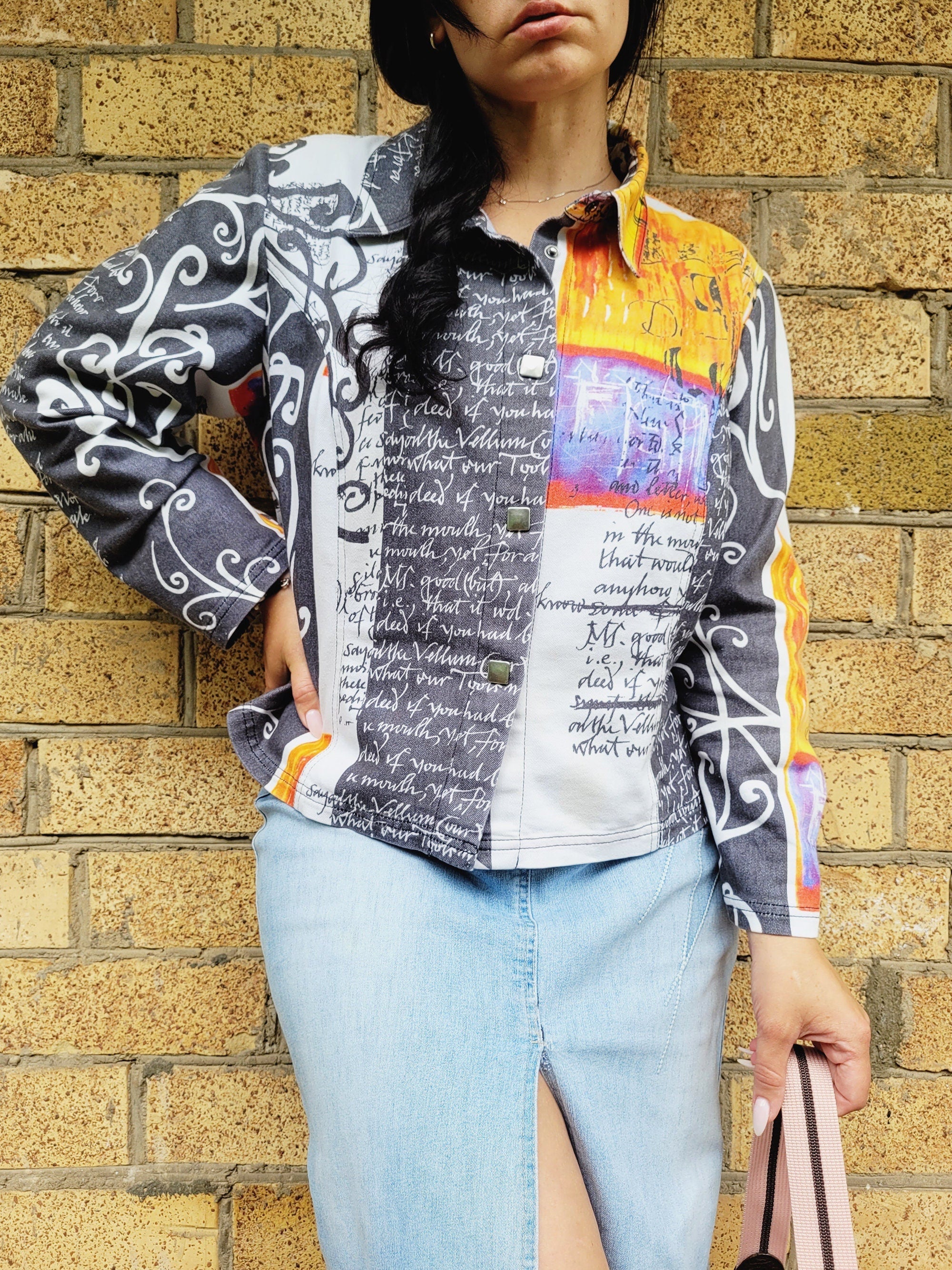 90s retro colorful abstract digital print denim jacket