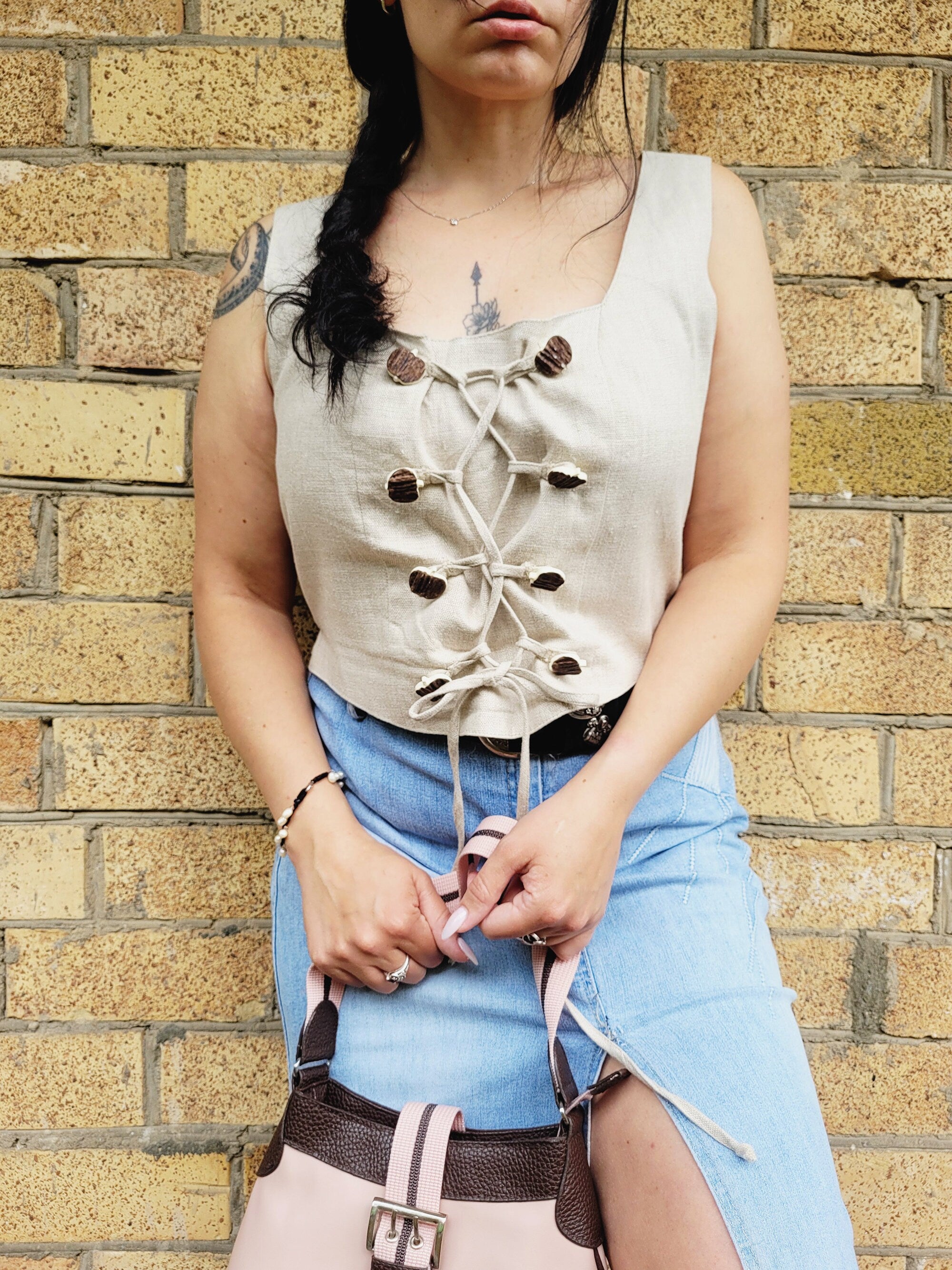 Retro 90s beige minimalist neutral linen tie-up corset top